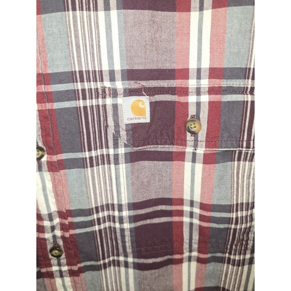 Carhartt Men’s L Plaid Short Sleeve Button Down Shirt Burgundy Gray Workwear - Picture 3 of 16